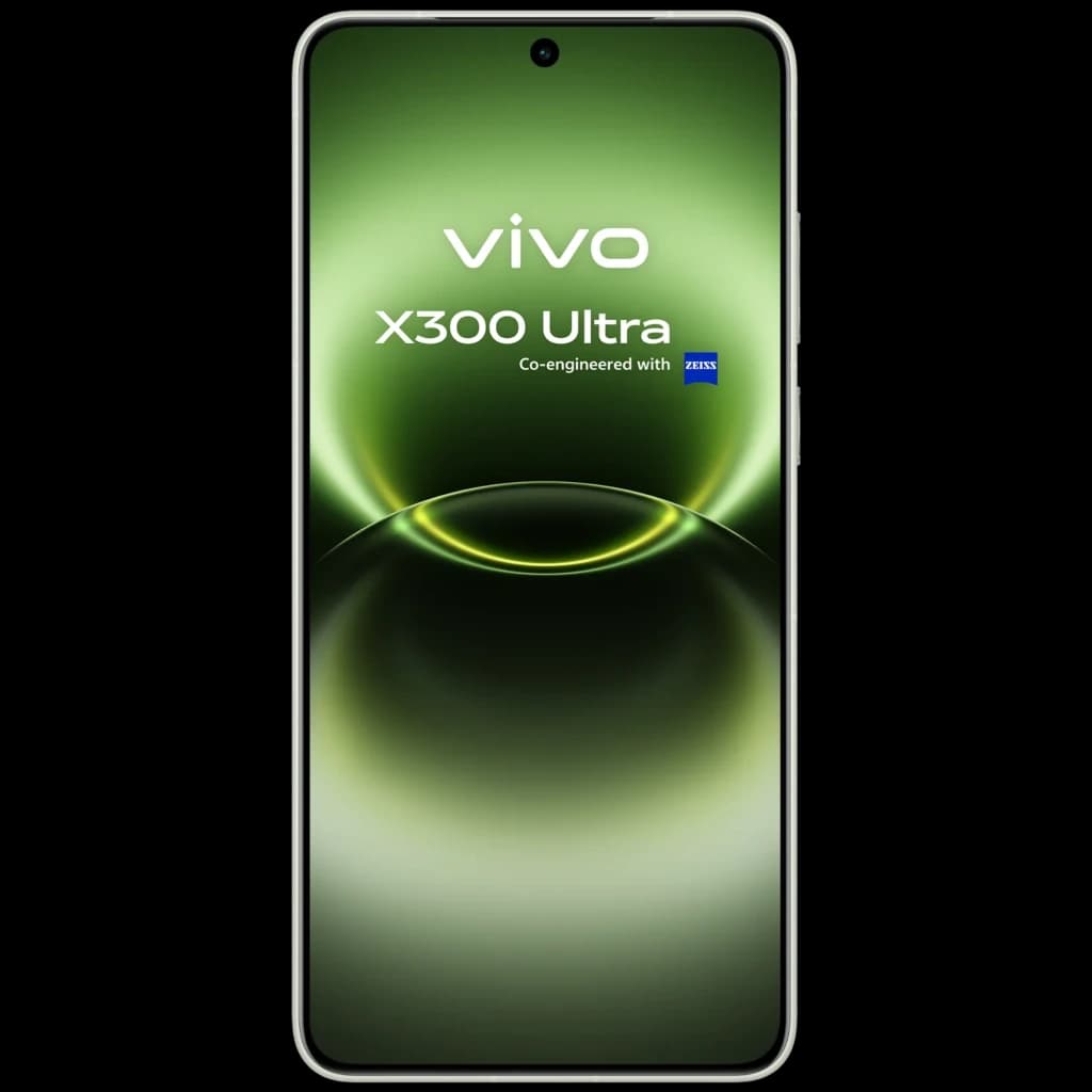 Vivo X300 Ultra 5G verde com tela inteira curva, furo central para câmera frontal, bordas finas e logotipo ZEISS; design premium e moderno