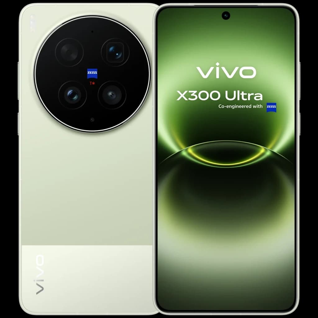 Vivo X300 Ultra 5G verde, frente com tela curva e furo central, traseira com módulo circular preto ZEISS e múltiplas câmeras, acabamento premium