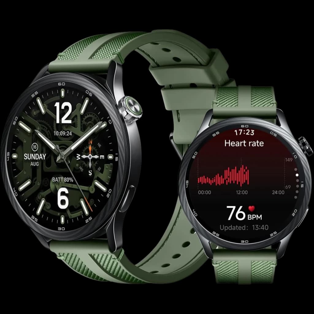 Xiaomi Watch S5 46mm verde jungla con pantalla AMOLED 1,48, correa perforada, bisel metálico oscuro y esfera deportiva con dígitos grandes y sensores de salud