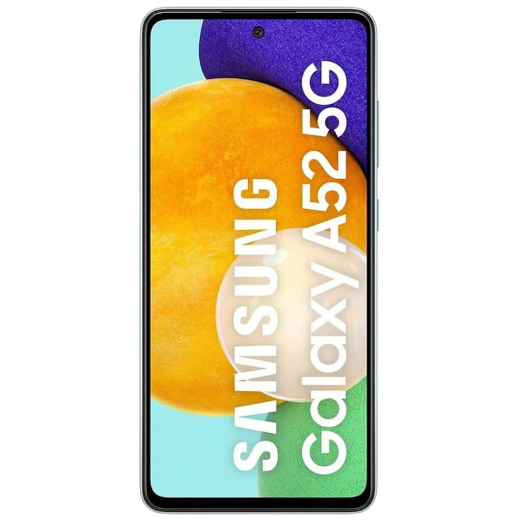 Samsung Galaxy A52 5G azul renovado buen estado, pantalla Infinity-O 6.5, módulo trasero con cuatro cámaras y flash, marco negro delgado y frontal sin botones - Ítem1