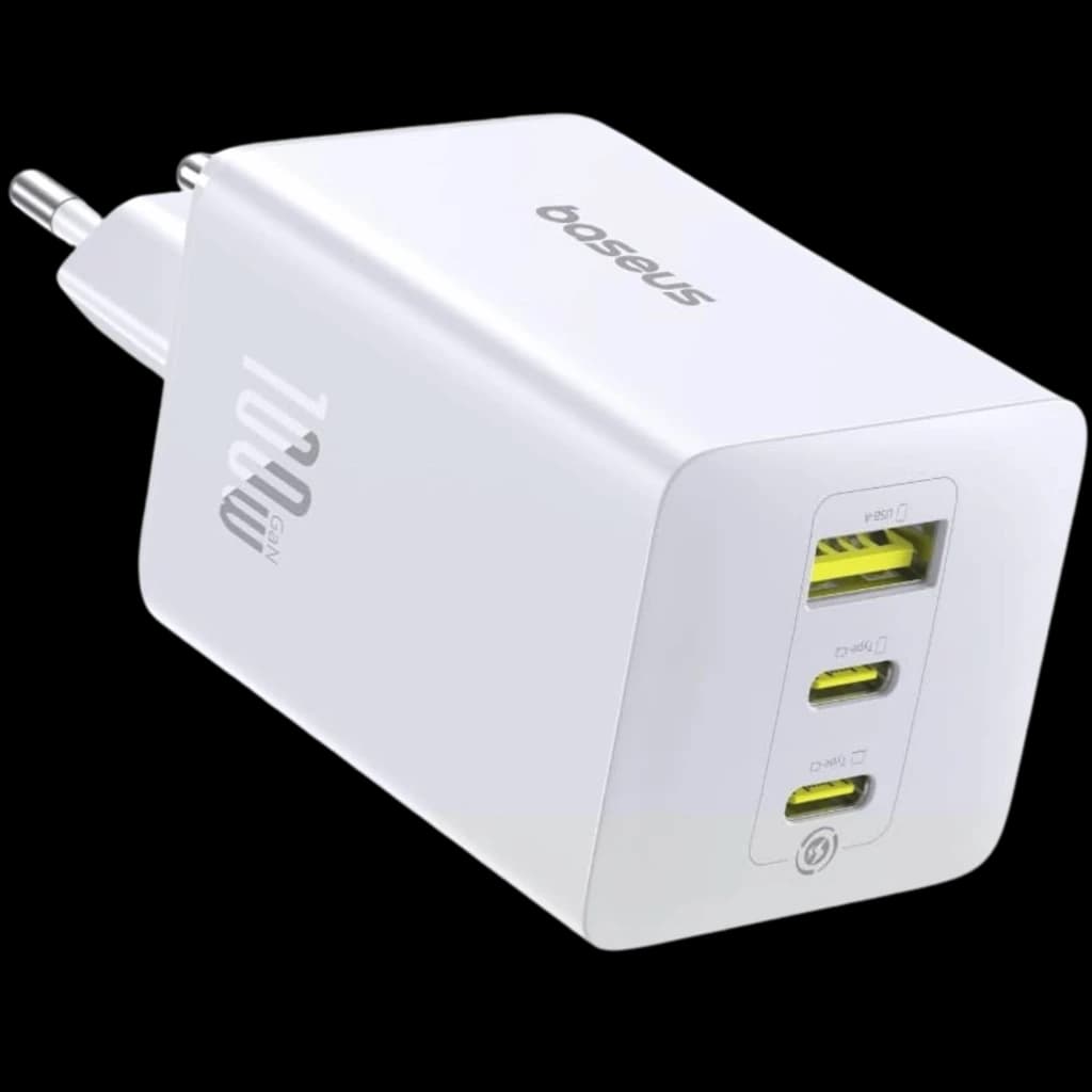 Cargador Baseus EnerFill FE11 blanco, GaN 100W, compacto con 2 puertos USB-C y 1 USB-A frontales en amarillo, enchufe europeo y acabado mate elegante