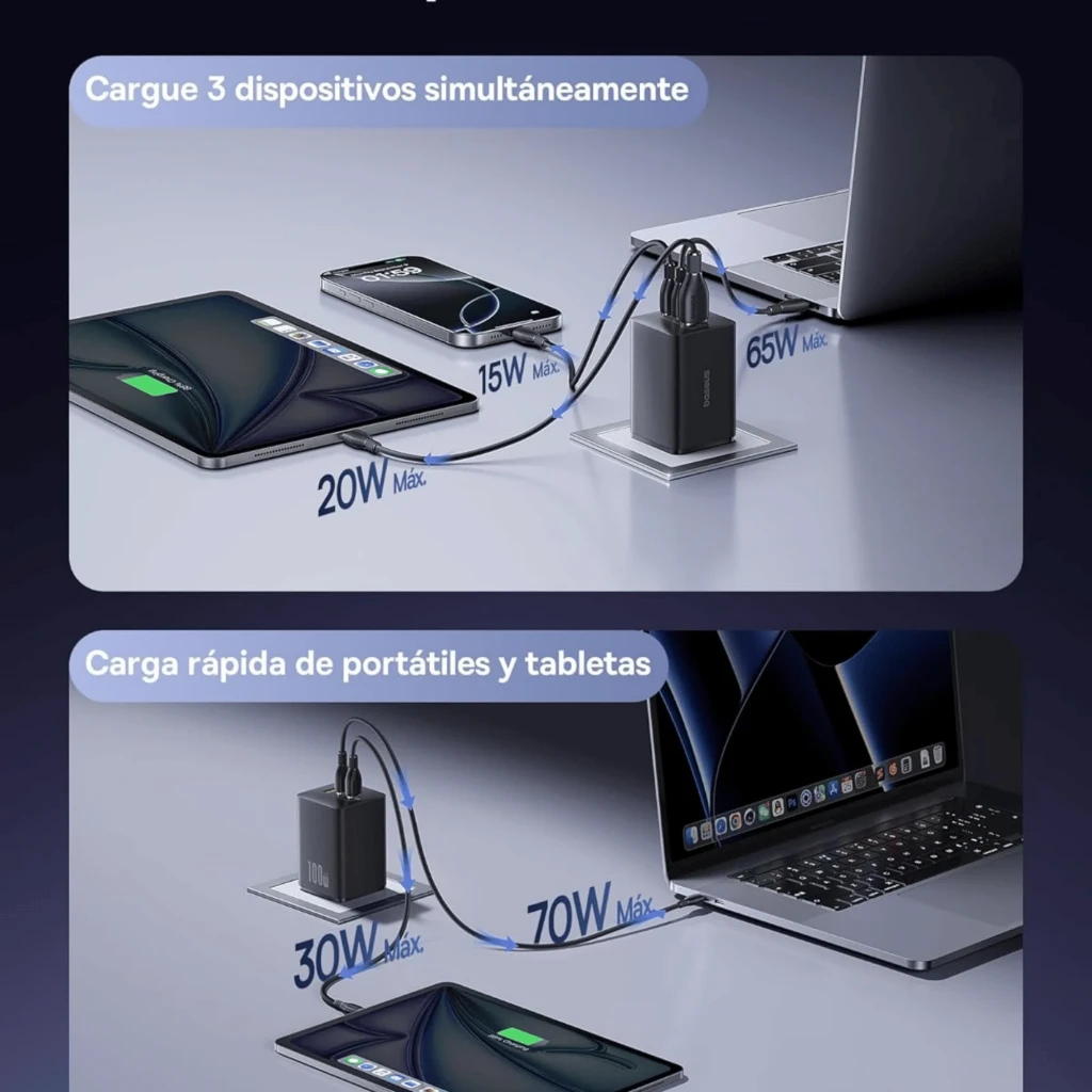 Baseus EnerFill FE11 branco, carregador GaN 100 W com 2 portas USB-C e 1 USB-A, design compacto, acabamento fosco e pinos europeus integrados - Item4