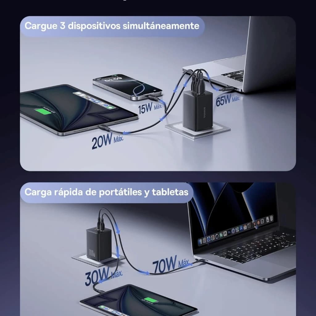 Baseus EnerFill FE11 100W GaN blanco, cargador de pared con 2 puertos USB-C y 1 USB-A; carga rápida para laptop, tablet y móvil, hasta 3 dispositivos a la vez