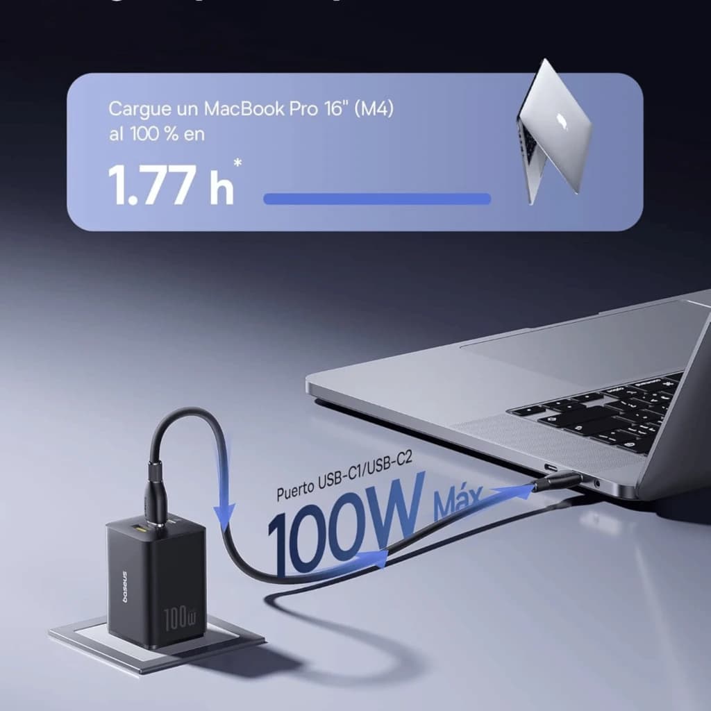Baseus EnerFill FE11 100W GaN, cargador de pared rápido blanco con 2 puertos USB-C y 1 USB-A, cable conectado a laptop, indicador 100W Máx en pantalla