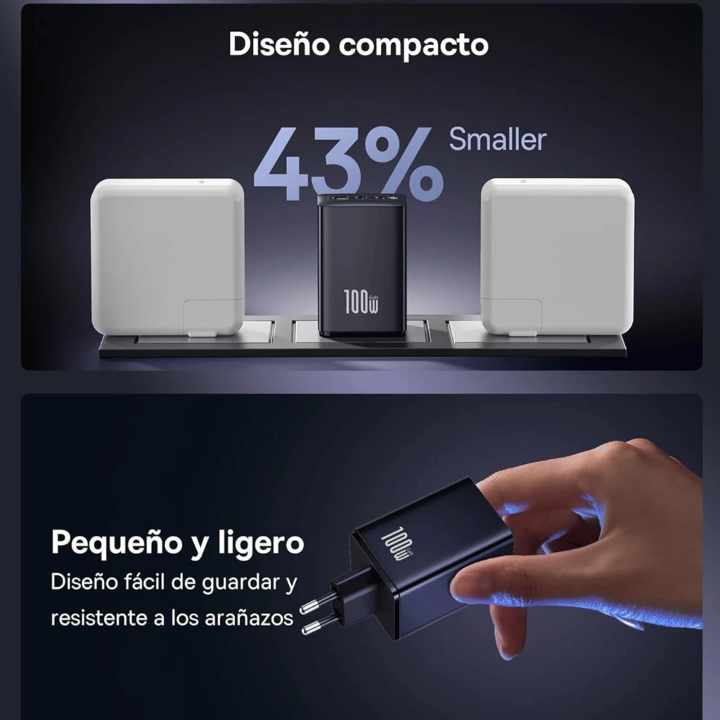 Baseus EnerFill FE11 branco, carregador GaN 100 W com 2 portas USB-C e 1 USB-A, design compacto, acabamento fosco e pinos europeus integrados - Item6
