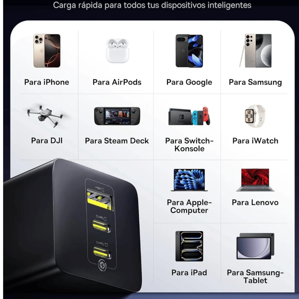 Baseus EnerFill FE11 branco, carregador GaN 100 W com 2 portas USB-C e 1 USB-A, design compacto, acabamento fosco e pinos europeus integrados - Item1