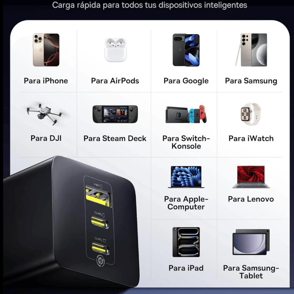 Baseus EnerFill FE11 100W GaN, cargador de pared blanco con 2 puertos USB-C y 1 USB-A, compatible con iPhone, Samsung, iPad, laptops y accesorios