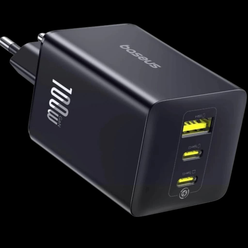 Cargador Baseus EnerFill FE11 100W GaN negro con 2 puertos USB-C y 1 USB-A, diseño compacto mate, enchufe europeo y logotipo 100W destacado en el lateral