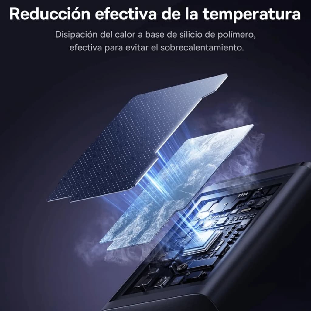 Baseus EnerFill FE11 100W GaN blanco con 2 USB-C y 1 USB-A; placa interna visible y capas disipadoras de silicio de polímero para reducir el calor