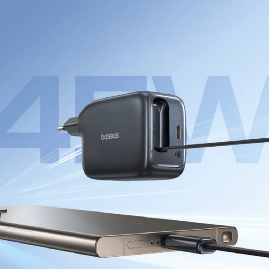 Baseus EnerCore CJ11 USB-C 45 W – carregador de parede GaN preto com plug europeu, porta USB-C e cabo retrátil embutido, design compacto e moderno - Item2