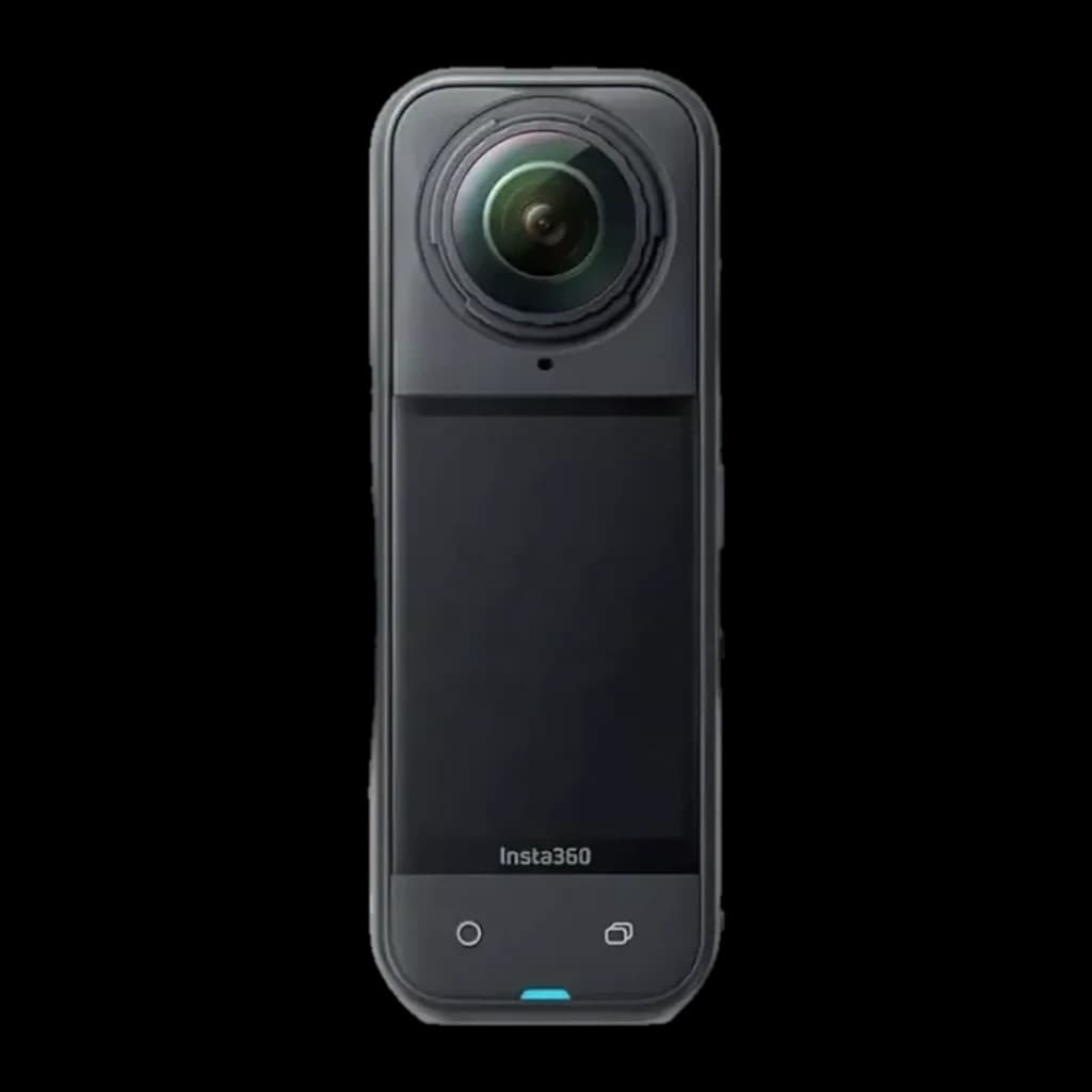 Caméra Insta360 X5 8K 360° noire nuit, boîtier étanche 15 m, grand écran tactile frontal, double optique fisheye, commandes tactiles et indicateur LED