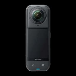 Caméra 360 compact noir nuit avec double objectif bulle, grand écran tactile central, boîtier étanche 15 m, boutons frontaux et LED d’état
