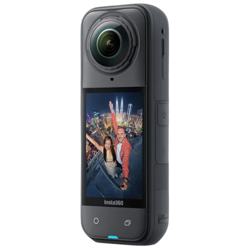 Insta360 X5 8K 360° preta Meia-Noite com lente grande, tela frontal colorida, bastão de selfie, bateria extra e capa protetora; resistente até 15 m - Item1
