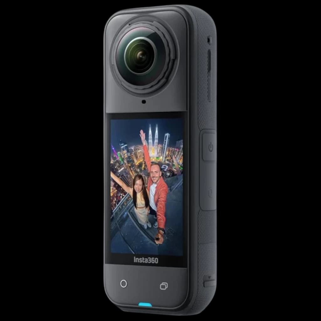 Caméra Insta360 X5 noire nuit, double objectif 360°, écran tactile vertical, boîtier robuste étanche 15 m, indicateurs LED, commandes latérales, design