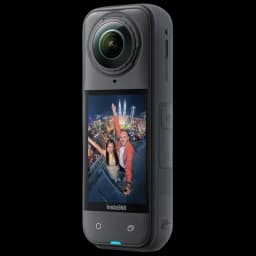 Caméra Insta360 X5 noire nuit, double objectif 360°, écran tactile vertical, boîtier robuste étanche 15 m, indicateurs LED, commandes latérales, design