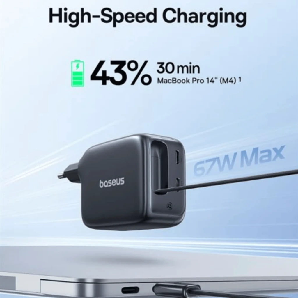 Baseus EnerCore CJ11 USB-C 67 W – Carregador GaN compacto com plug UE, 2 portas USB-C, indicador LED e cabo retrátil embutido em design preto fosco - Item2