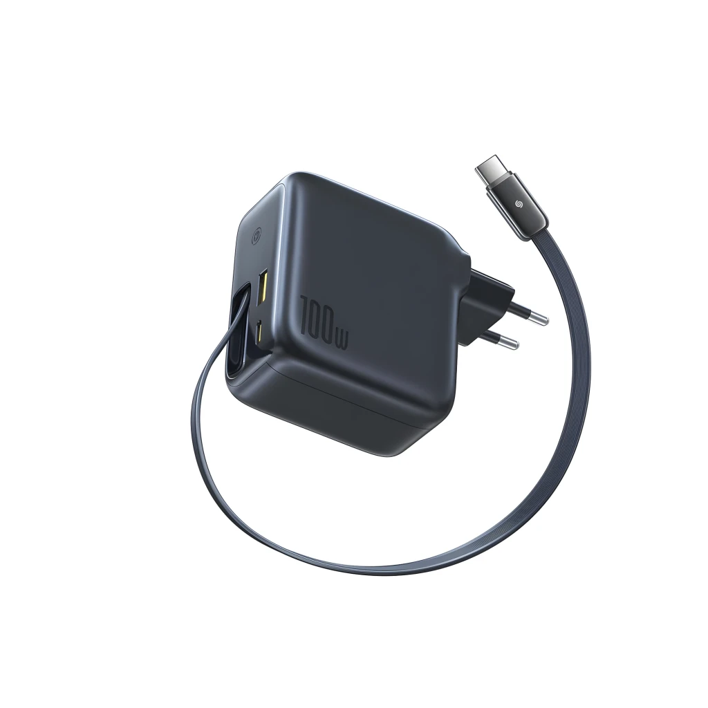 Baseus EnerCore CJ11 USB-C 100 W – Carregador de parede compacto em preto, pino europeu, cabo USB-C retrátil lateral, portas USB-C e USB-A, logo 100W - Item1