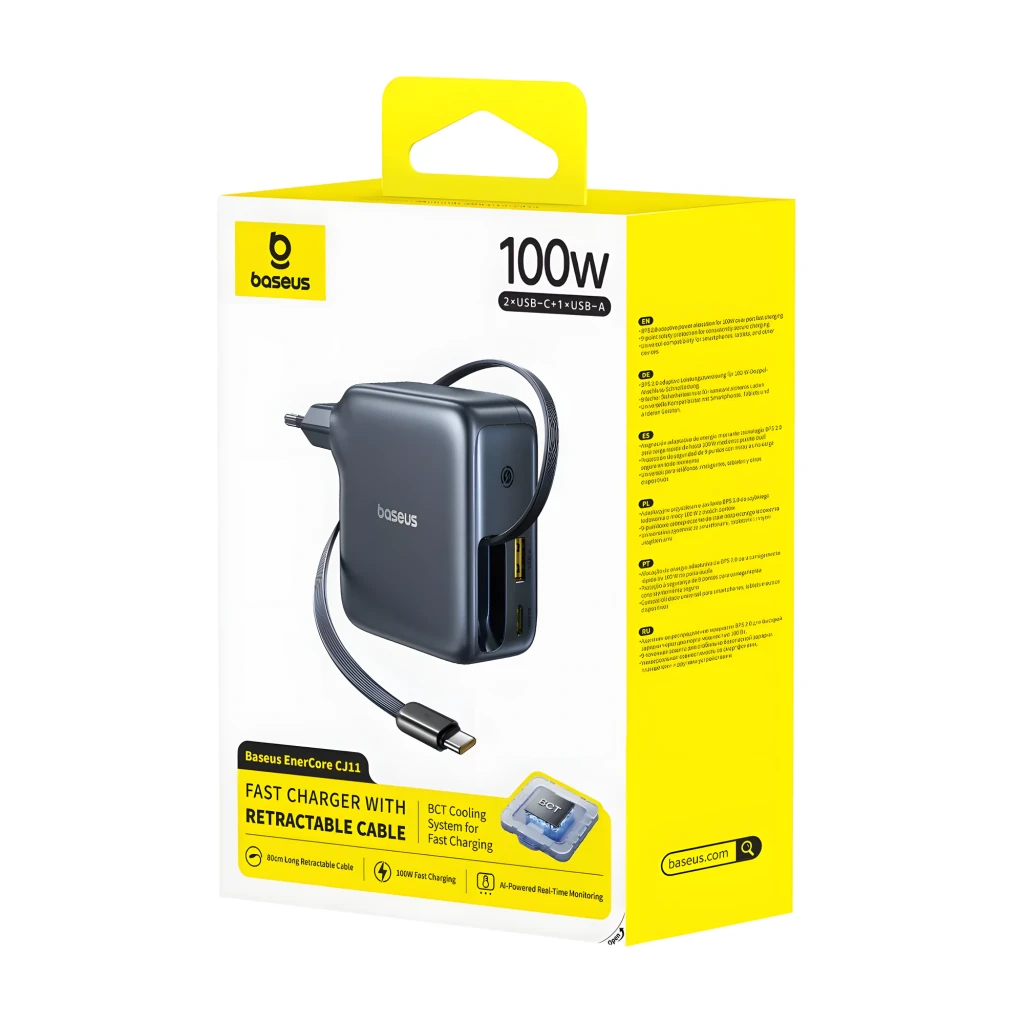 Baseus EnerCore CJ11 USB-C 100 W – Carregador de parede compacto em preto, pino europeu, cabo USB-C retrátil lateral, portas USB-C e USB-A, logo 100W - Item4
