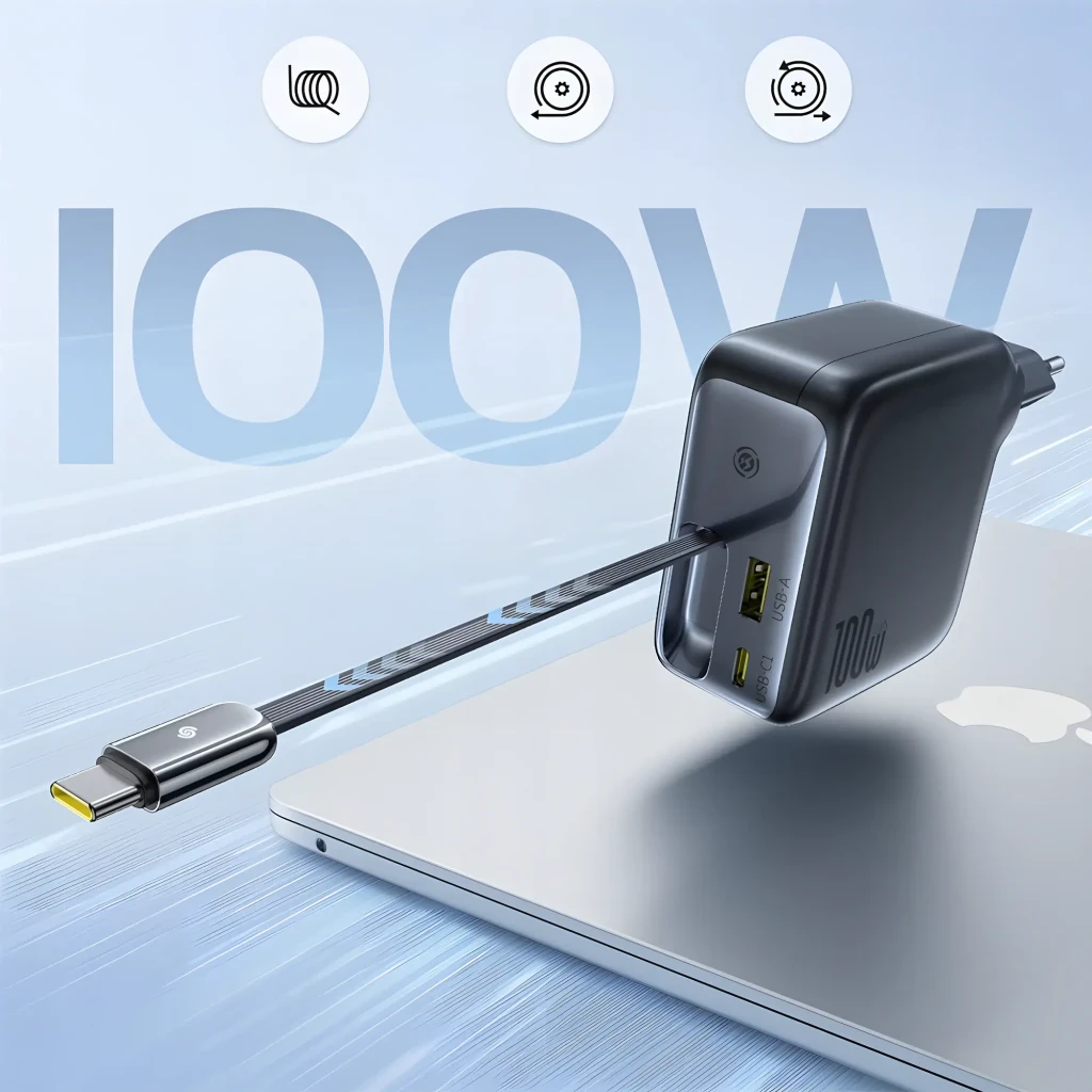 Baseus EnerCore CJ11 USB-C 100 W – Carregador de parede compacto em preto, pino europeu, cabo USB-C retrátil lateral, portas USB-C e USB-A, logo 100W - Item2