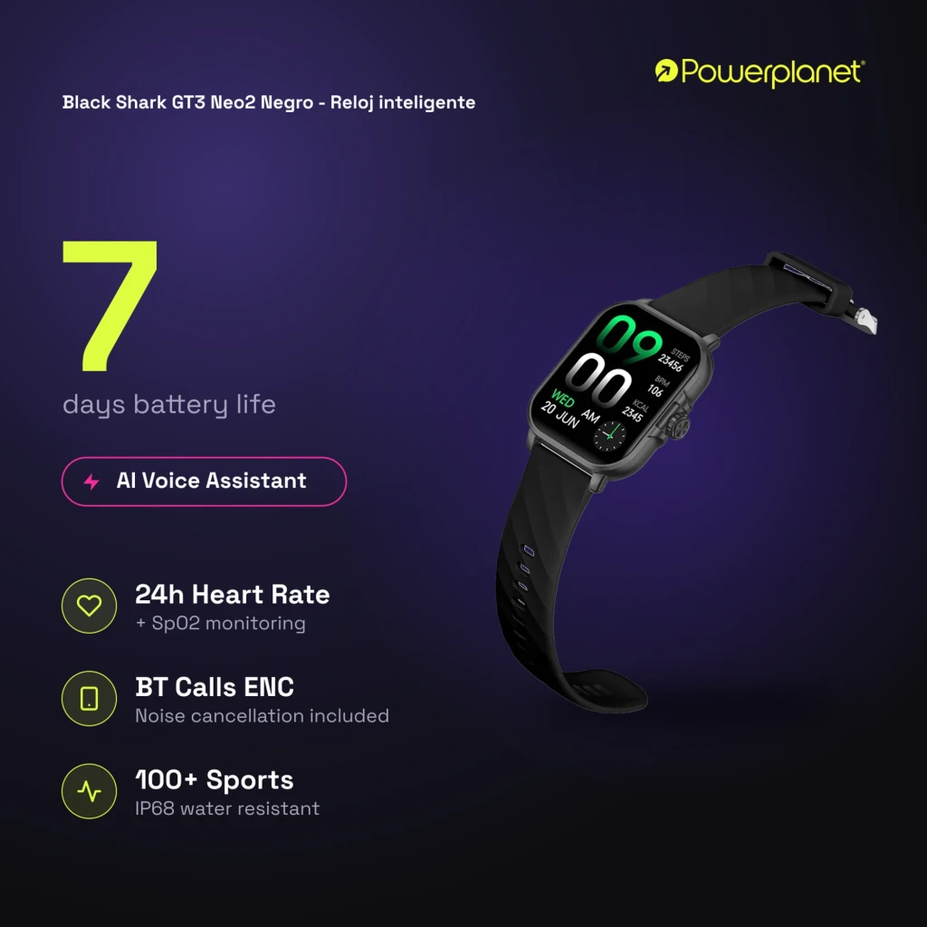 Black Shark GT3 Neo2 Smartwatch negro con correa de silicona, pantalla rectangular con números grandes, monitor de pasos y calorías, clasificación IP68 - Ítem5
