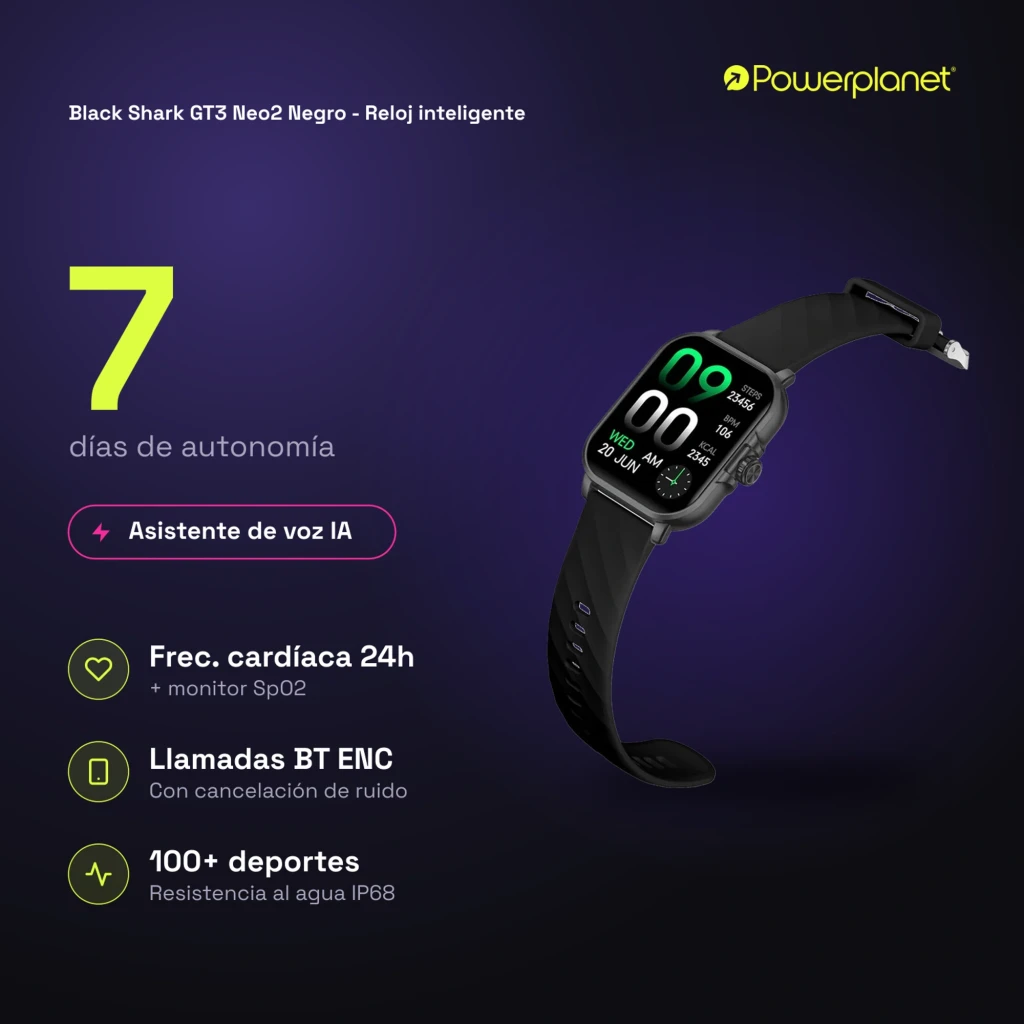 Black Shark GT3 Neo2 Smartwatch negro con correa de silicona, pantalla rectangular con números grandes, monitor de pasos y calorías, clasificación IP68 - Ítem6