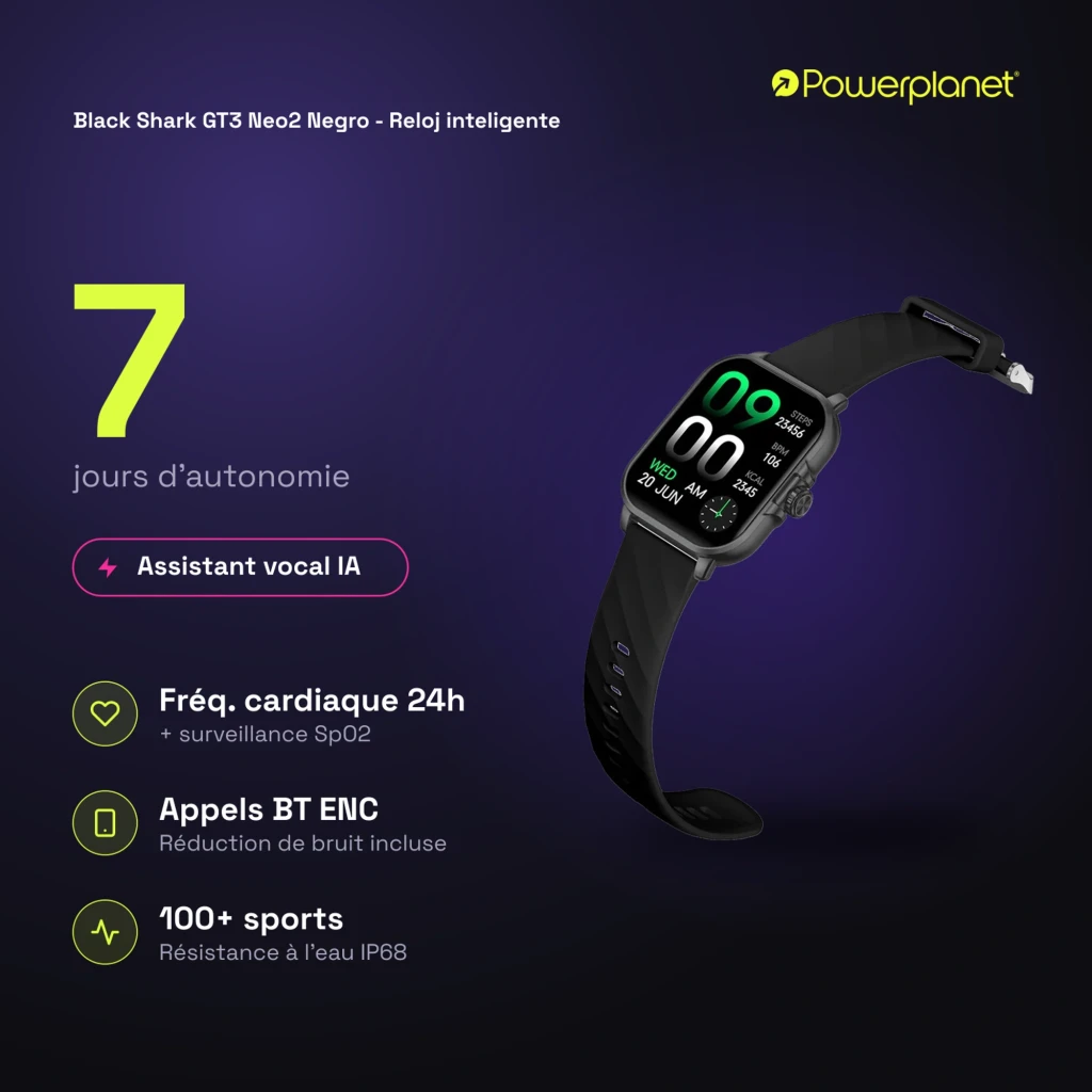 Black Shark GT3 Neo2 Smartwatch negro con correa de silicona, pantalla rectangular con números grandes, monitor de pasos y calorías, clasificación IP68 - Ítem4