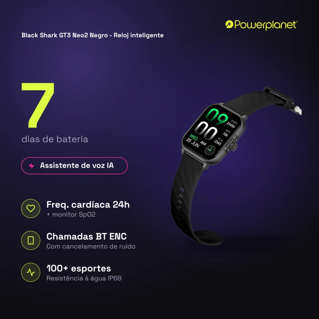 Black Shark GT3 Neo2 Smartwatch negro con correa de silicona, pantalla rectangular con números grandes, monitor de pasos y calorías, clasificación IP68 - Ítem3