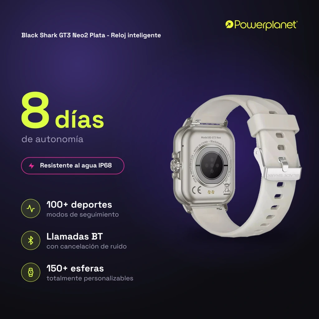 Black Shark GT3 Neo2 Smartwatch plata con pantalla rectangular, correa de silicona blanca, esfera con métricas de pasos y calorías, diseño resistente IP68 y - Ítem5