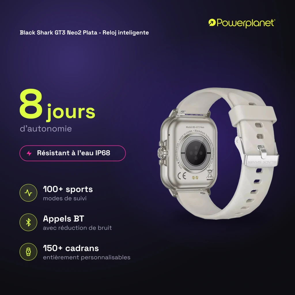 Black Shark GT3 Neo2 Smartwatch plata con pantalla rectangular, correa de silicona blanca, esfera con métricas de pasos y calorías, diseño resistente IP68 y - Ítem2