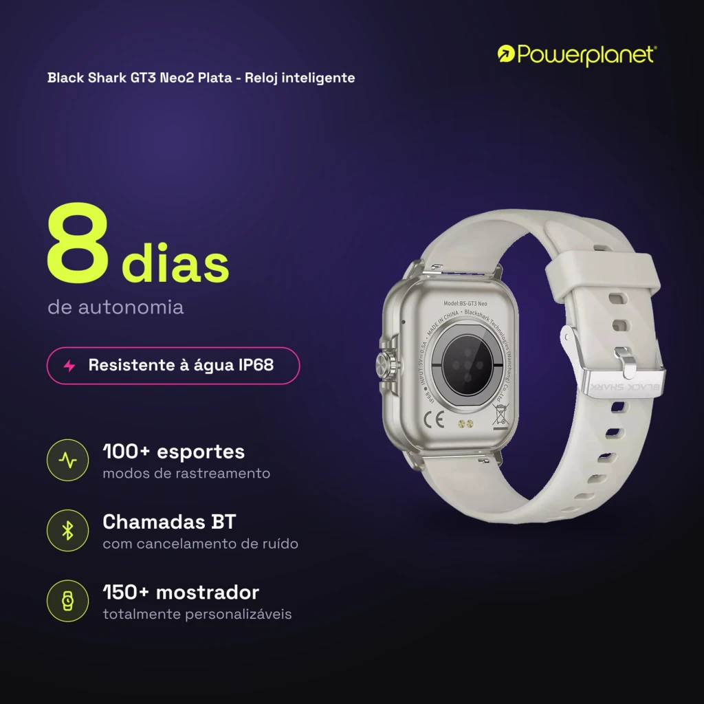 Black Shark GT3 Neo2 Smartwatch plata con pantalla rectangular, correa de silicona blanca, esfera con métricas de pasos y calorías, diseño resistente IP68 y - Ítem4