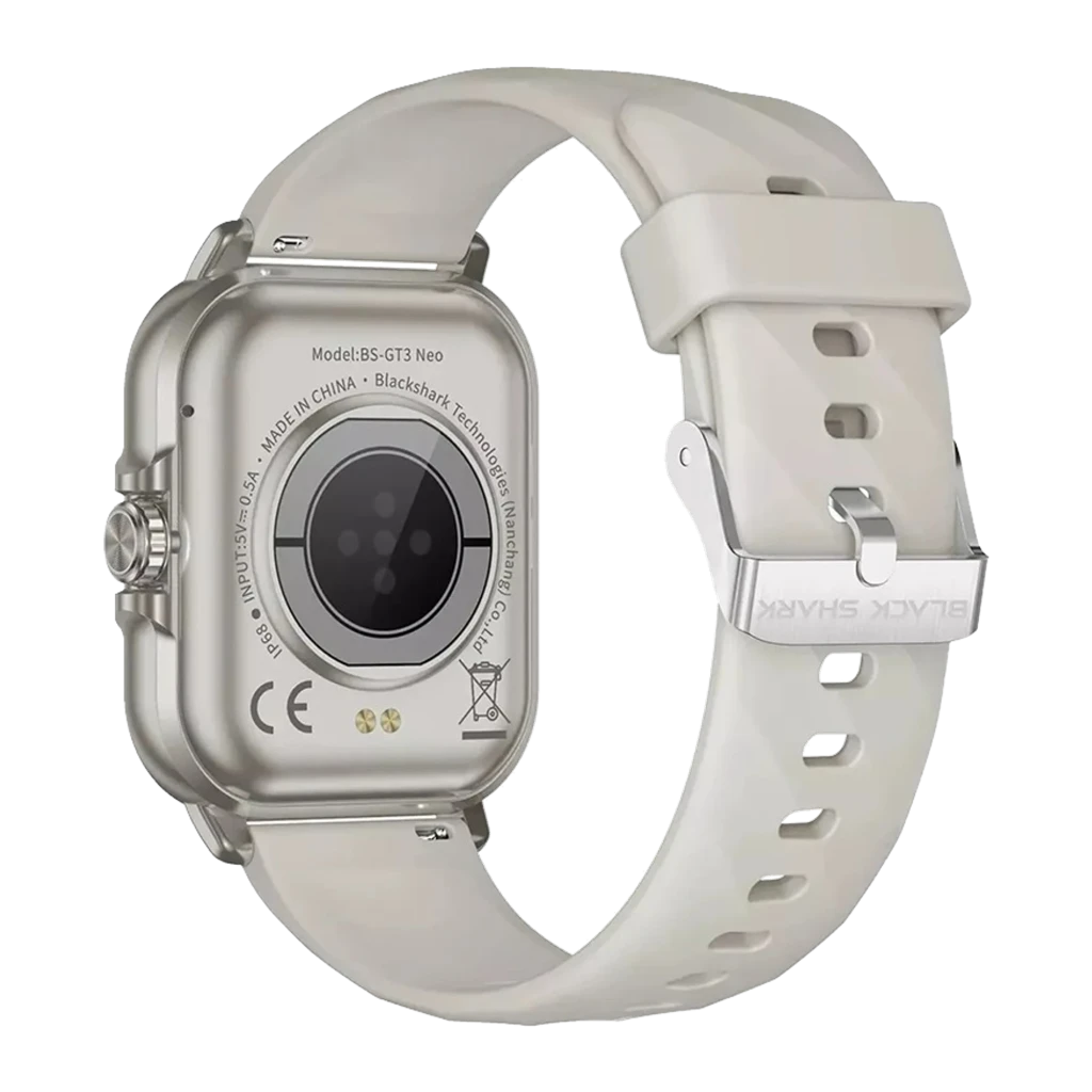 Black Shark GT3 Neo2 Smartwatch plata con pantalla rectangular, correa de silicona blanca, esfera con métricas de pasos y calorías, diseño resistente IP68 y - Ítem1