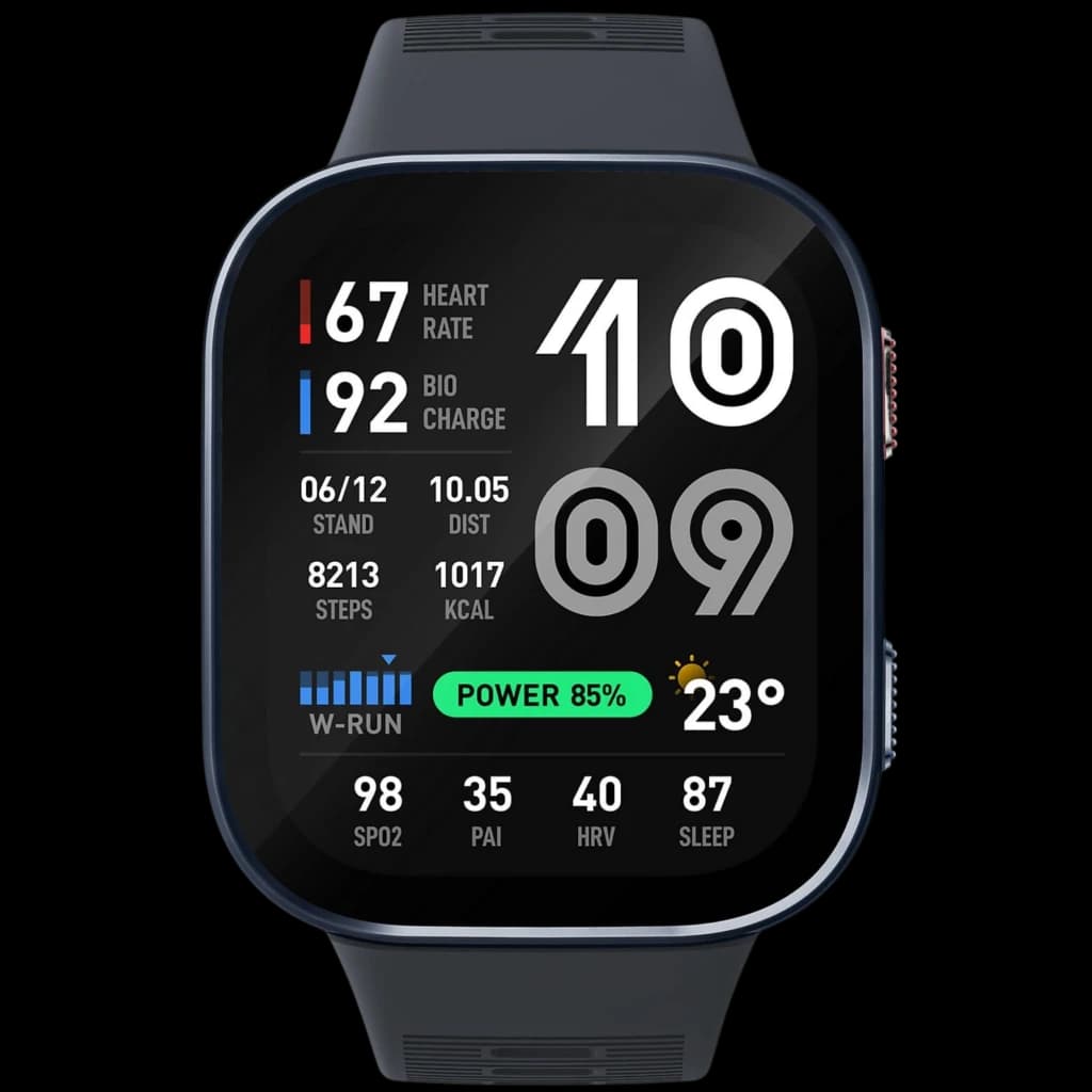 Écran AMOLED 2,07 pouces lumineux, cadran rectangulaire, boîtier bleu foncé, affichage cardio, pas, GPS, météo et batterie 85 pour cent visibles