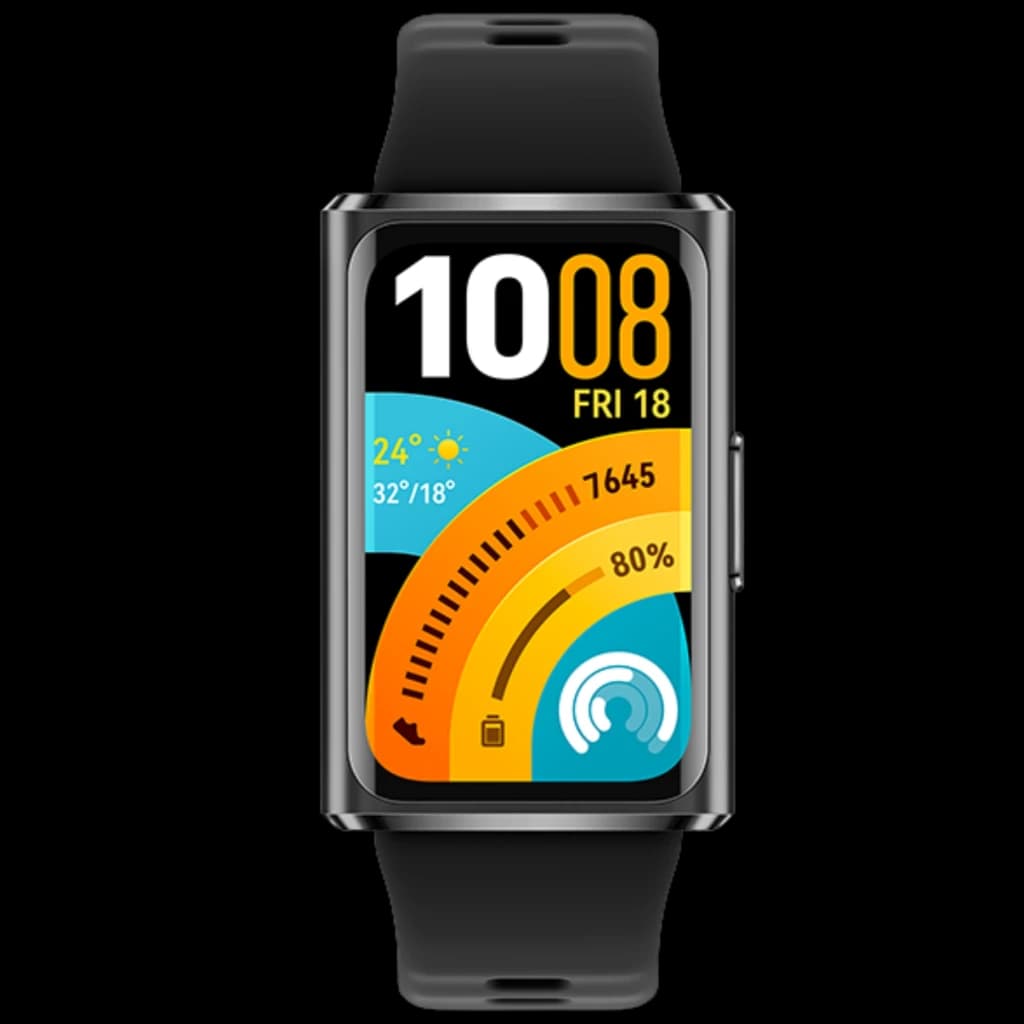 Huawei Band 11 Pro negra con pantalla AMOLED 1,62, bisel metálico, botón lateral, correa de silicona, esfera colorida con hora grande, clima y barras de