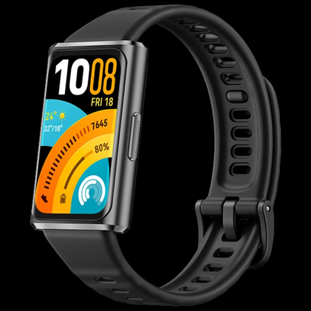 Huawei Band 11 Pro pulsera negra con pantalla AMOLED 1,62 pulgadas, cuerpo metálico, correa perforada ajustable y esfera colorida con métricas de actividad
