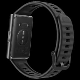 Huawei Band 11 Pro negra vista trasera con sensor óptico central, correa de silicona con hebilla clásica y múltiples orificios, carcasa metálica rectangular