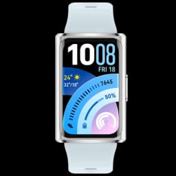 Huawei Band 11 Pro azul con pantalla AMOLED 1,62, bisel metálico plateado, correa de silicona clara, esfera con pasos, clima, batería y fecha visibles