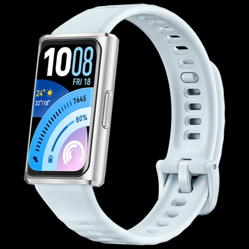 Huawei Band 11 Pro azul con pantalla AMOLED 1,62 pulgadas, caja plateada, botón lateral, correa de silicona ajustable y esfera con métricas de salud