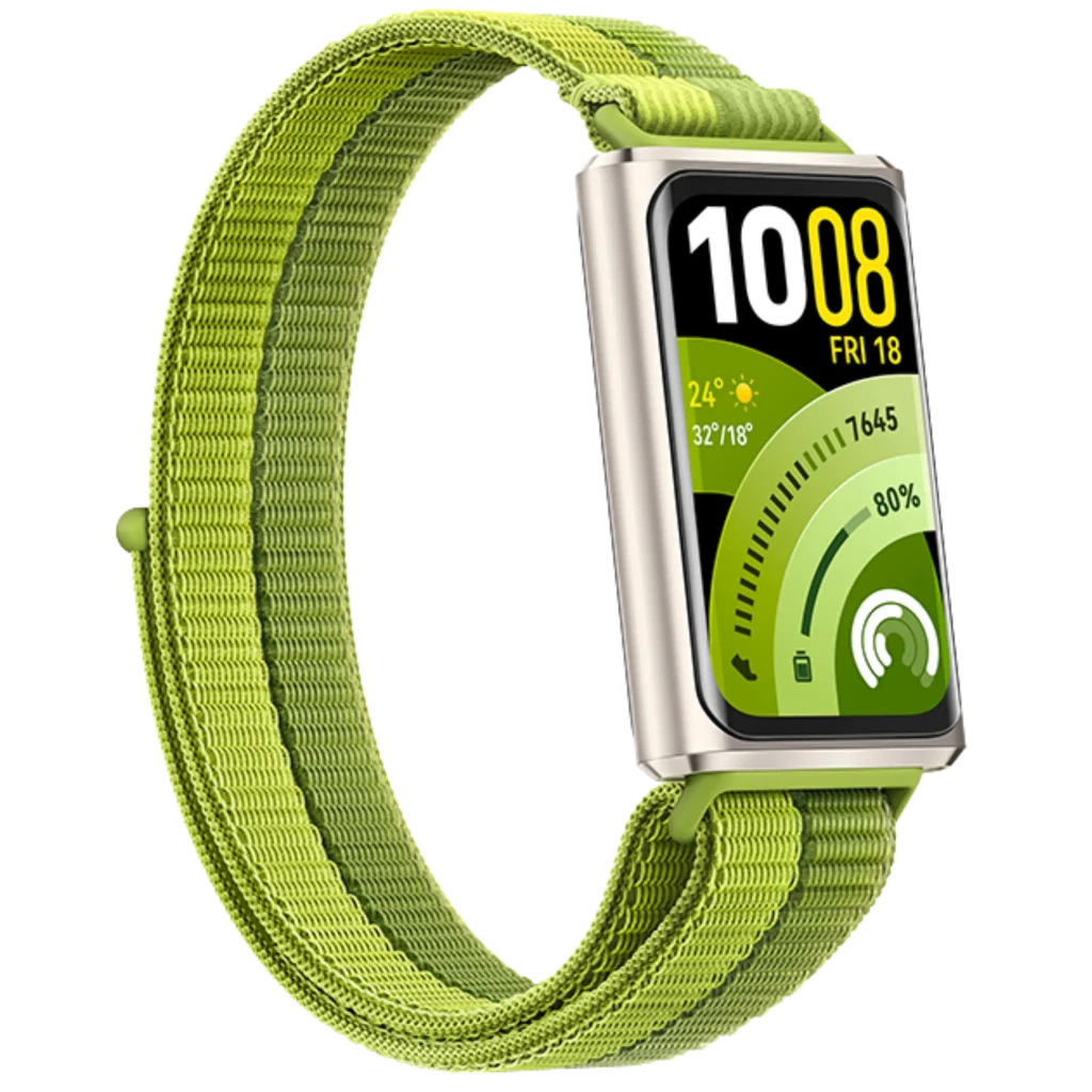 Huawei Band 11 Pro verde con pantalla AMOLED 1,62, correa textil ajustable, caja metálica plateada, botón lateral y esfera con indicadores de actividad y - Ítem3