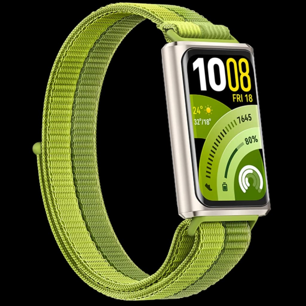 Huawei Band 11 Pro verde con pantalla AMOLED 1,62, caja metálica plateada y correa textil ajustable; interfaz con pasos, clima y batería visible