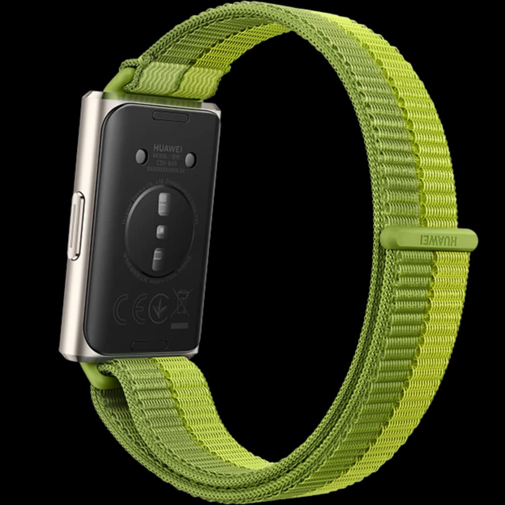 Correa verde ajustable tipo velcro para Huawei Band 11 Pro, tejido transpirable, cierre seguro y cuerpo metálico con sensores y pines de carga visibles