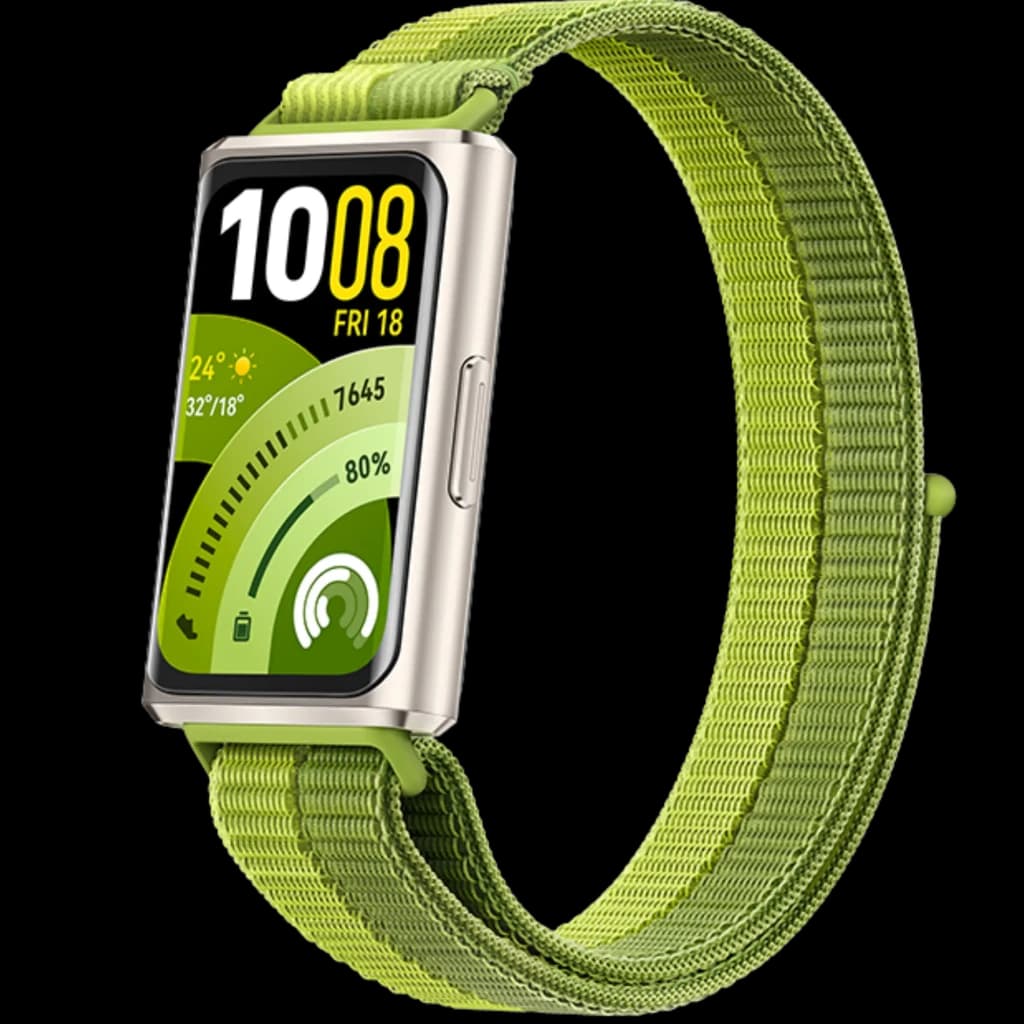 Huawei Band 11 Pro verde con pantalla AMOLED 1,62, correa textil ajustable, caja metálica plateada, botón lateral y esfera con indicadores de actividad y