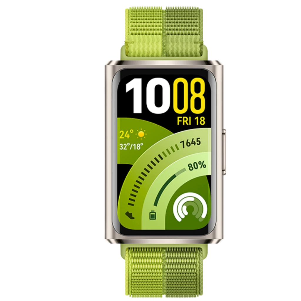 Huawei Band 11 Pro verde con pantalla AMOLED 1,62, correa textil ajustable, caja metálica plateada, botón lateral y esfera con indicadores de actividad y - Ítem4