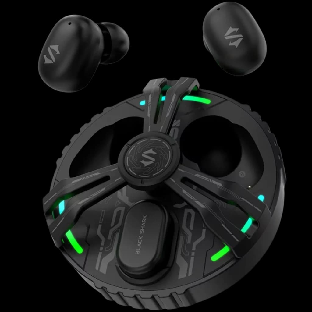 Black Shark Rokas 5 Inalámbricos Bluetooth ANC Negro con estuche redondo gaming LED verde, acabado mate, logo S y auriculares compactos ergonómicos