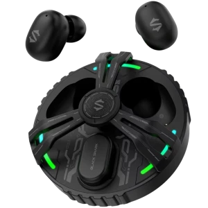 Black Shark Rokas 5 Inalámbricos Bluetooth ANC Negro con estuche redondo gaming LED verde, acabado mate, logo S y auriculares compactos ergonómicos