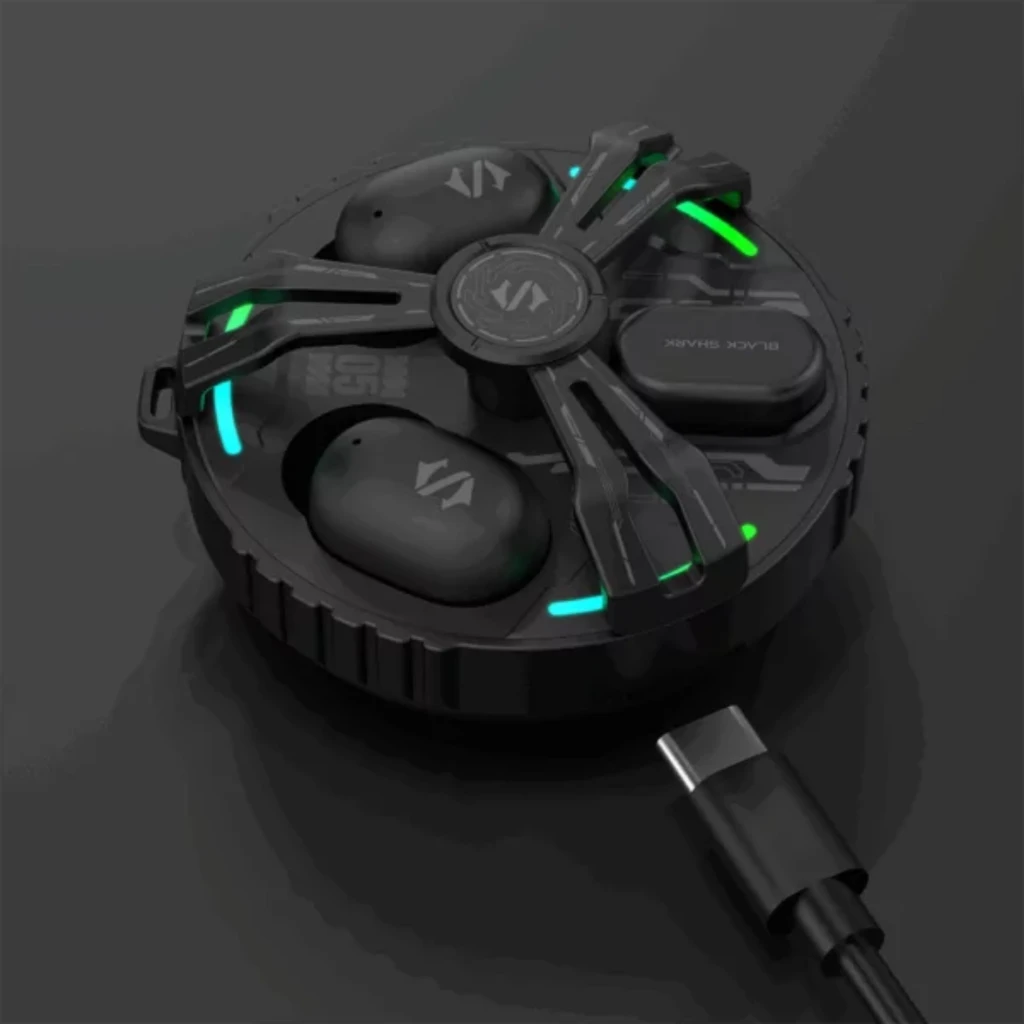 Black Shark Rokas 5 Inalámbricos Bluetooth ANC Negro con estuche redondo gaming LED verde, acabado mate, logo S y auriculares compactos ergonómicos - Ítem3