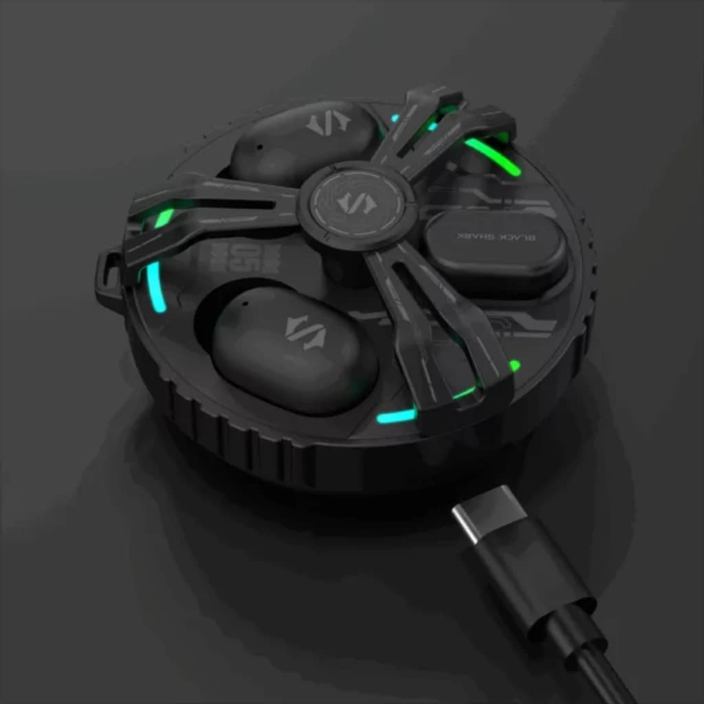 Black Shark Rokas 5 Inalámbricos Bluetooth ANC Negro con estuche redondo futurista, luces LED verdes, dos earbuds ergonómicos y cable USB-C negro