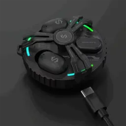 Black Shark Rokas 5 Inalámbricos Bluetooth ANC Negro con estuche redondo futurista, luces LED verdes, dos earbuds ergonómicos y cable USB-C negro