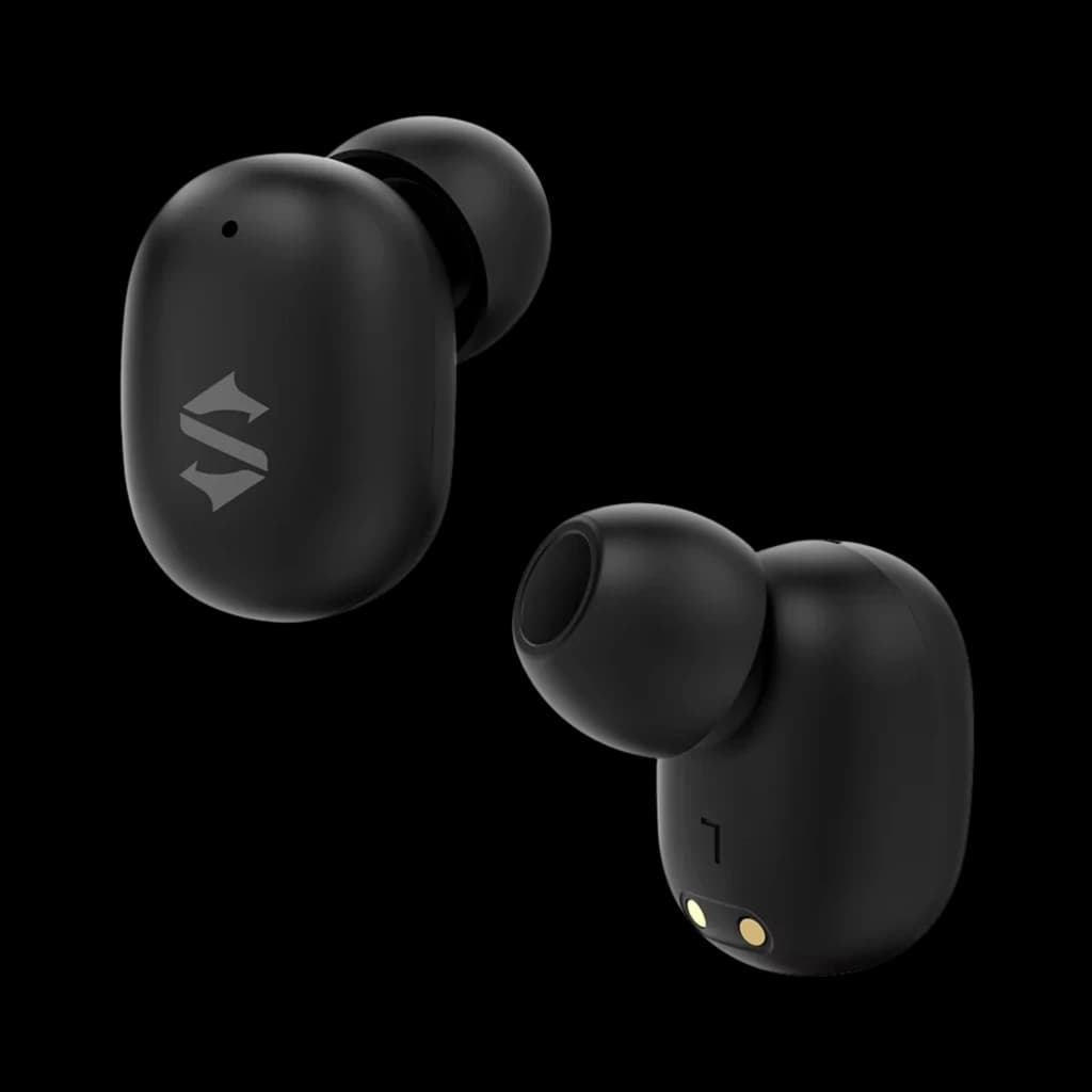Auriculares Black Shark Rokas 5 inalámbricos negros con ANC, diseño compacto in-ear, carcasa mate con logo S y pines de carga dorados en la base