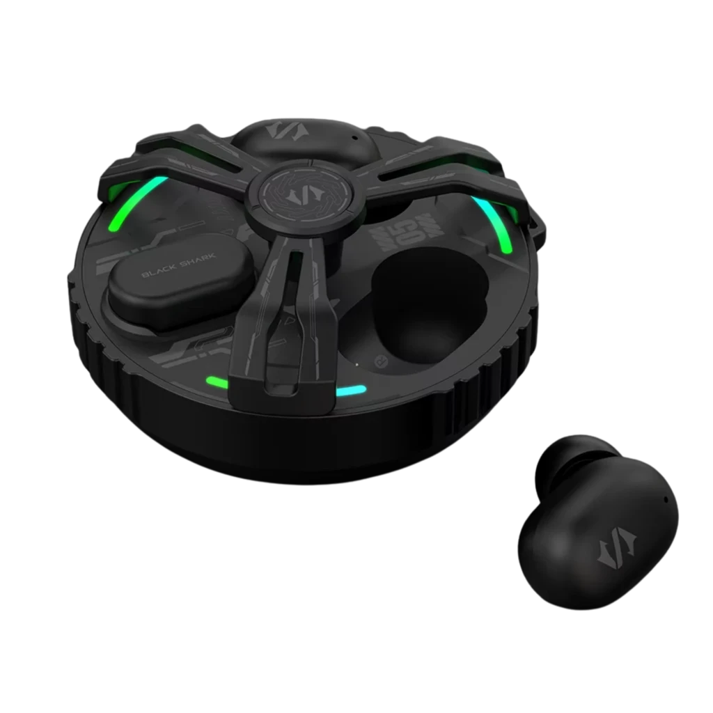 Black Shark Rokas 5 Inalámbricos Bluetooth ANC Negro con estuche redondo gaming LED verde, acabado mate, logo S y auriculares compactos ergonómicos - Ítem1