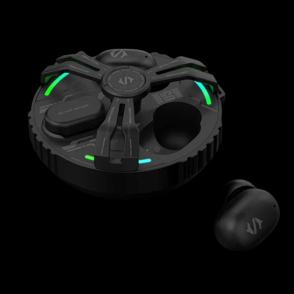Black Shark Rokas 5 Inalámbricos Bluetooth ANC Negro con estuche circular gamer negro, luces LED verdes, tapa con diseño industrial y audífonos compactos